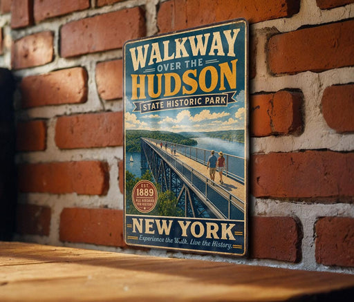 A vintage-style metal sign for "WALKWAY OVER THE HUDSON STATE HISTORIC PARK" is displayed on a brick wall, with a wooden table below it.