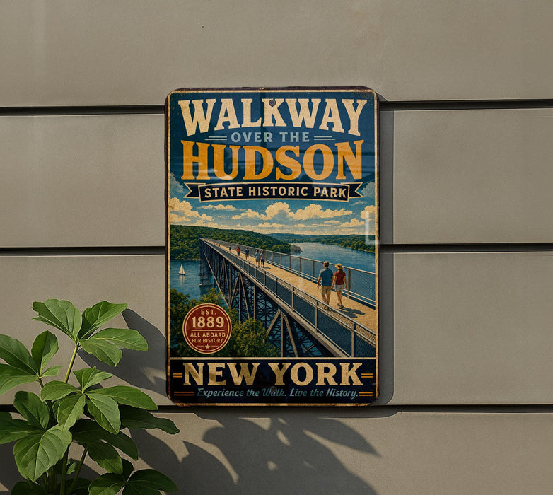 A vintage-style metal sign advertising the Hudson River Bridge in New York, featuring a scenic image of the bridge and people walking across it.