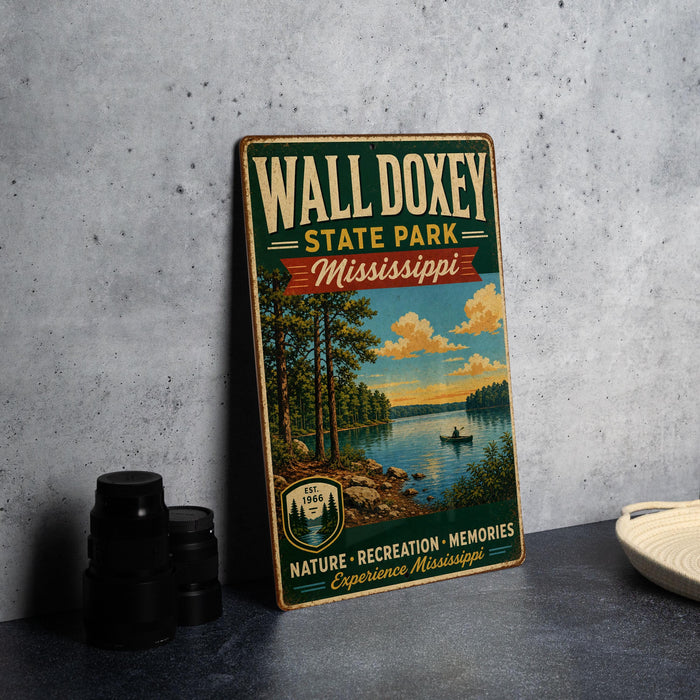 A vintage-style metal sign for Wall Doxey State Park in Mississippi, featuring a scenic landscape with a lake, trees, and a boat.