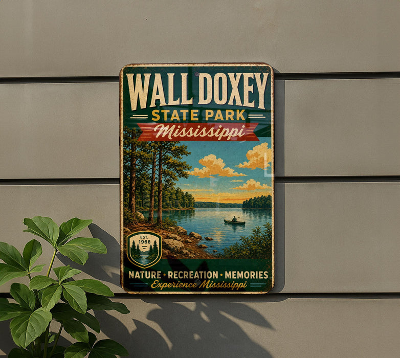 A vintage-style metal sign for Wall Doxey State Park in Mississippi, featuring a scenic landscape with a lake, trees, and a boat.