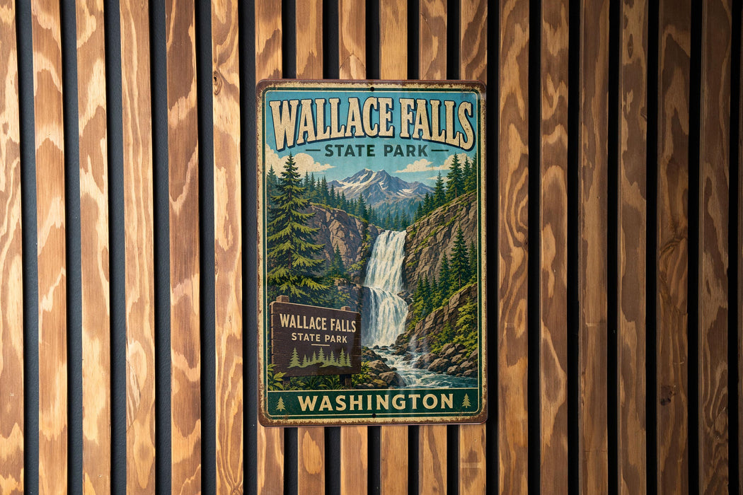 A vintage metal sign for Wallace Falls State Park in Washington, featuring a waterfall surrounded by pine trees and mountains.