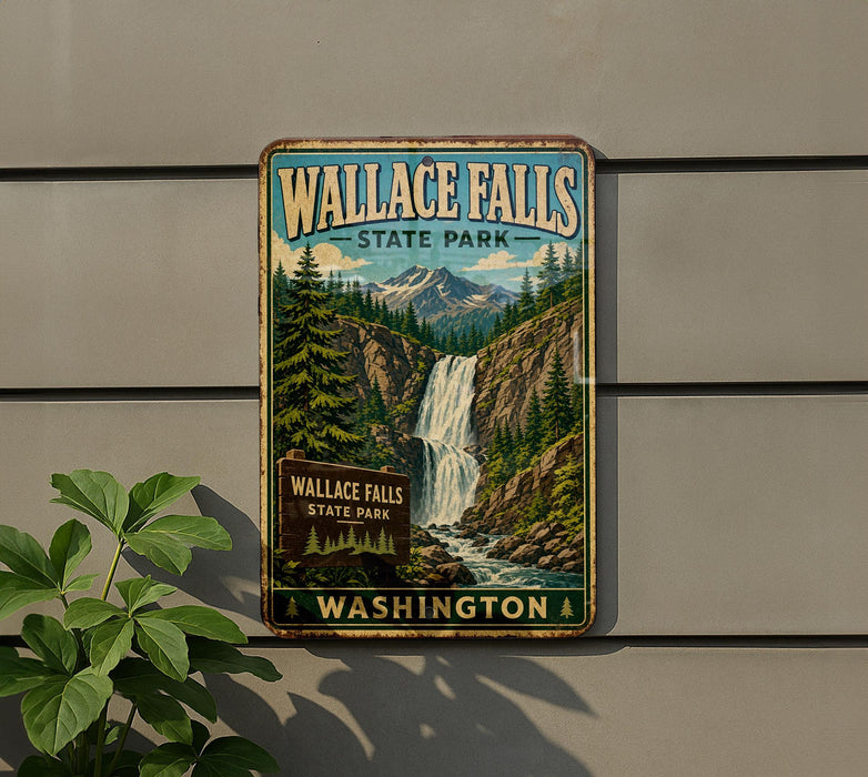 A vintage metal sign for Wallace Falls State Park in Washington, featuring a scenic illustration of the waterfall surrounded by pine trees and mountains.
