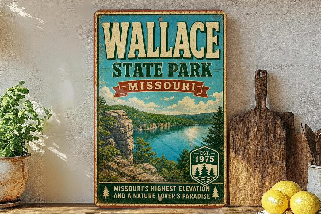 A vintage-style metal sign for Wallace State Park in Missouri, featuring a scenic landscape with a lake and mountains.
