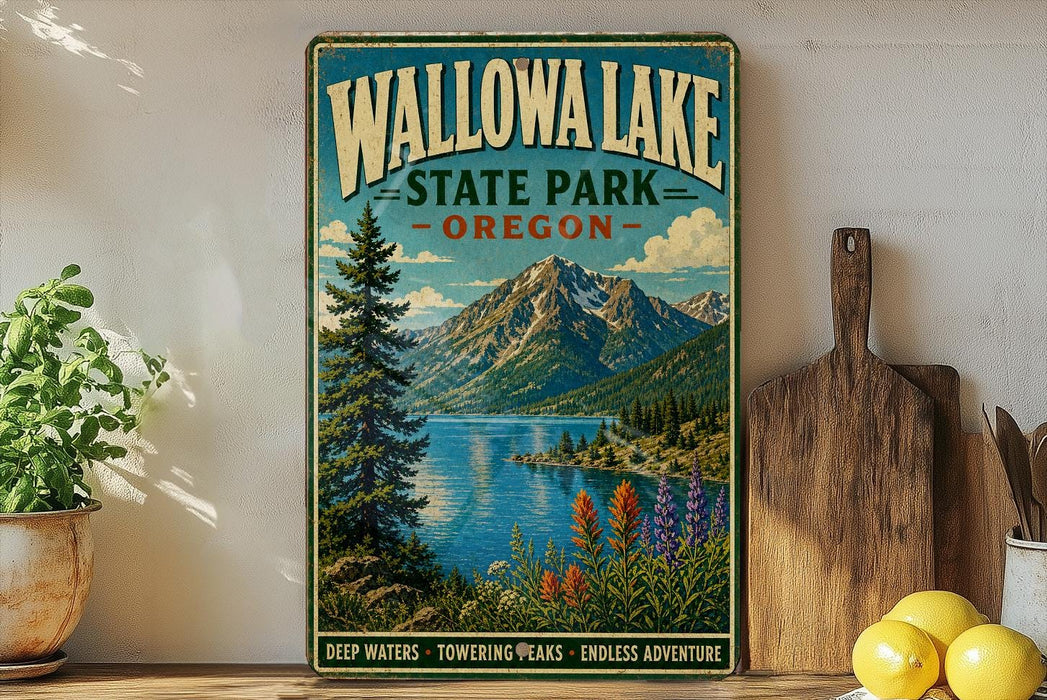 A vintage-style metal sign for Wallowa Lake State Park in Oregon, featuring a scenic mountain landscape with a lake and colorful wildflowers.