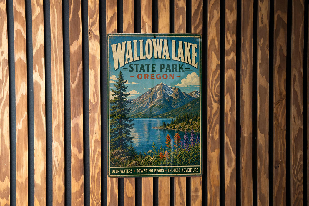 A vintage-style metal sign for Wallowa Lake State Park, Oregon, featuring a scenic mountain landscape with a lake and colorful wildflowers.