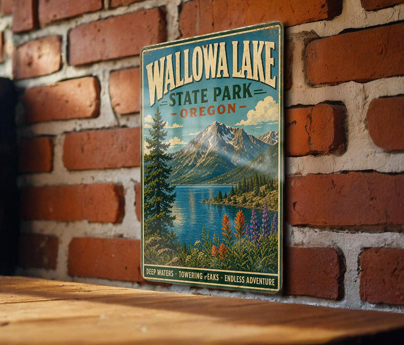 A vintage-style metal sign for Wallowa Lake State Park in Oregon, featuring a scenic mountain landscape with a lake and colorful wildflowers.