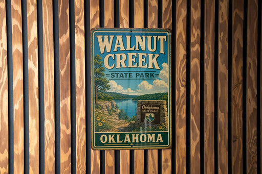 A vintage metal sign for Walnut Creek State Park in Oklahoma, featuring a scenic landscape with a lake and mountains.