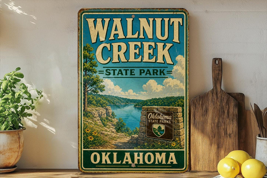 A vintage-style sign for Walnut Creek State Park in Oklahoma, featuring a scenic landscape with a lake and mountains.