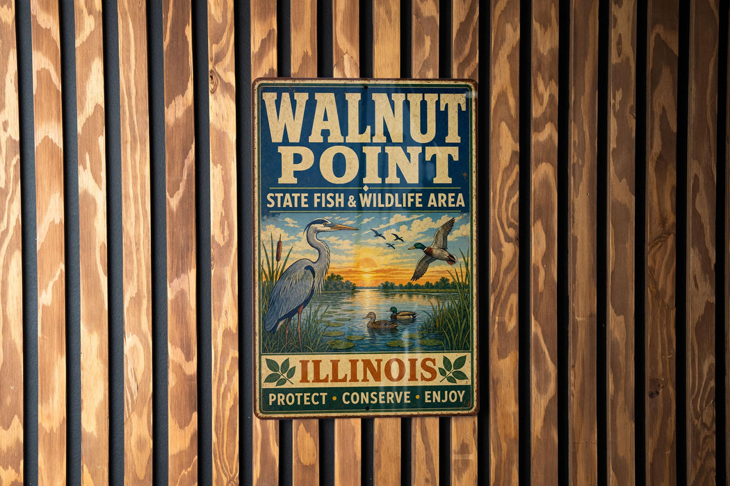 A vintage metal sign for Walnut Point State Fish & Wildlife Area in Illinois, featuring an illustration of birds and a sunset over a lake.