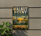 A vintage-style metal sign for Walnut Point State Fish and Wildlife Area in Illinois, featuring an illustration of birds and wildlife in a natural setting.