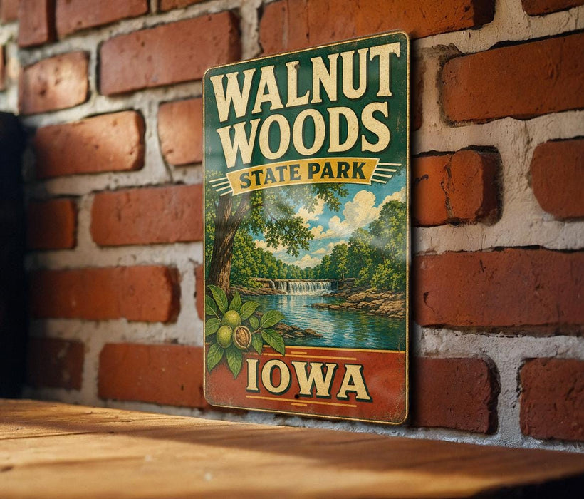 A vintage-style metal sign for Walnut Woods State Park in Iowa, featuring a scenic landscape with a river and trees.