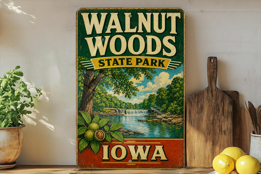 A vintage-style sign for Walnut Woods State Park in Iowa, featuring a scenic illustration of a waterfall and lush greenery.