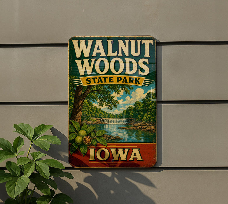 A vintage-style sign for Walnut Woods State Park in Iowa, featuring a scenic landscape with a river, waterfall, and trees.