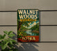 A vintage-style sign for Walnut Woods State Park in Iowa, featuring a scenic landscape with a river, waterfall, and trees.
