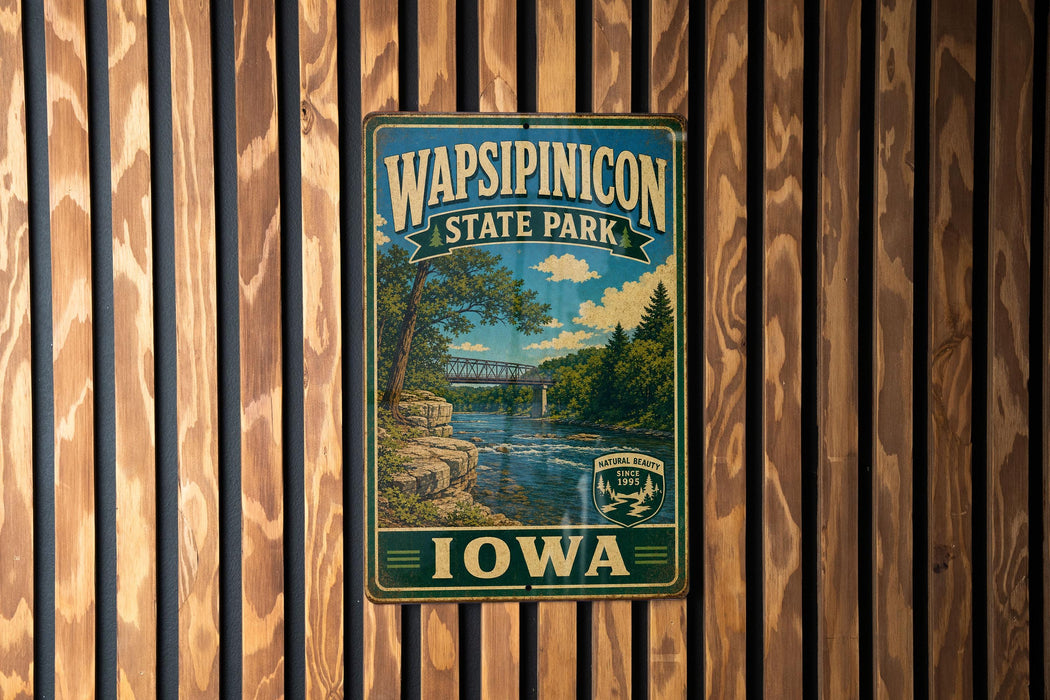 A vintage metal sign for Wapsipinicon State Park in Iowa, featuring a scenic landscape with a river and bridge.