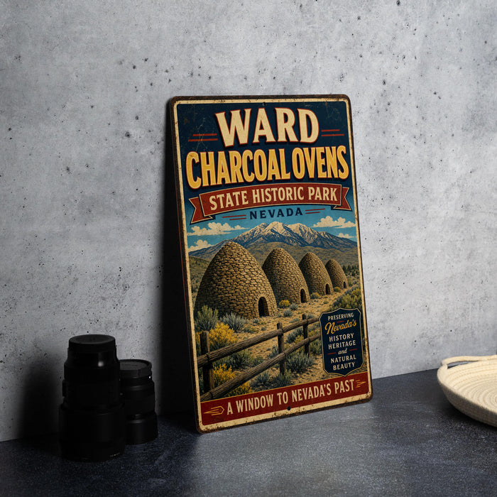 A vintage-style metal sign for Ward Charcoal Ovens State Historic Park in Nevada, featuring an illustration of traditional teepees and mountains.