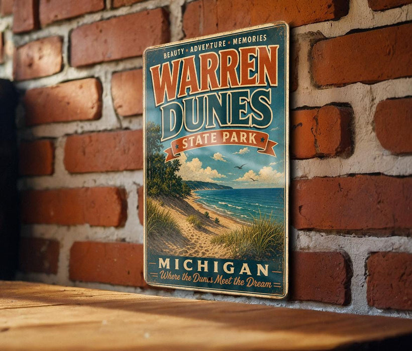 A vintage-style metal sign for Warren Dunes State Park in Michigan, featuring a scenic beach landscape with a path leading to the beach.