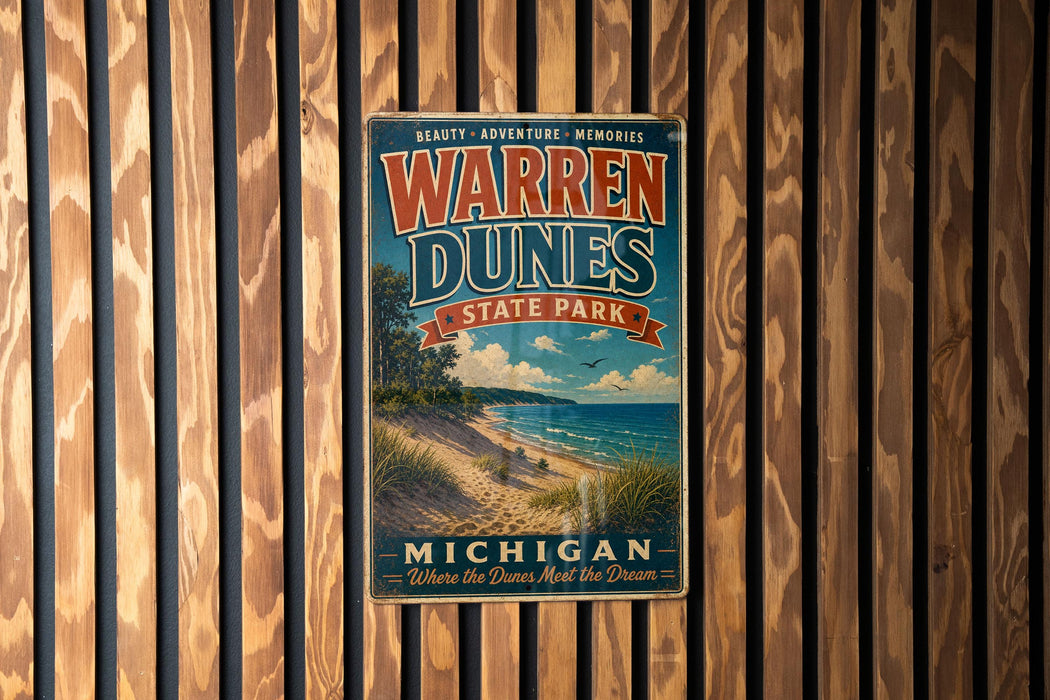 A vintage-style metal sign for Warren Dunes State Park in Michigan, featuring a beach scene and the text "Beauty, adventure, memories" and "Michigan Where the Dunes Meet the Dream".