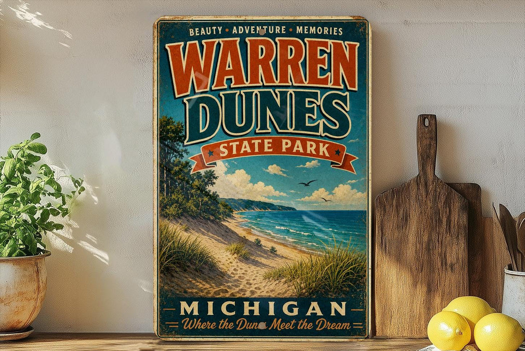 A vintage-style sign for Warren Dunes State Park in Michigan, featuring a scenic beach landscape with sand dunes, grass, and a body of water.