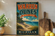 A vintage-style sign for Warren Dunes State Park in Michigan, featuring a scenic beach landscape with sand dunes, grass, and a body of water.