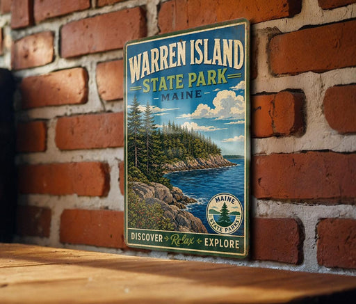 A vintage-style metal sign for Warren Island State Park in Maine, featuring a scenic landscape with pine trees, a rocky coastline, and a body of water.