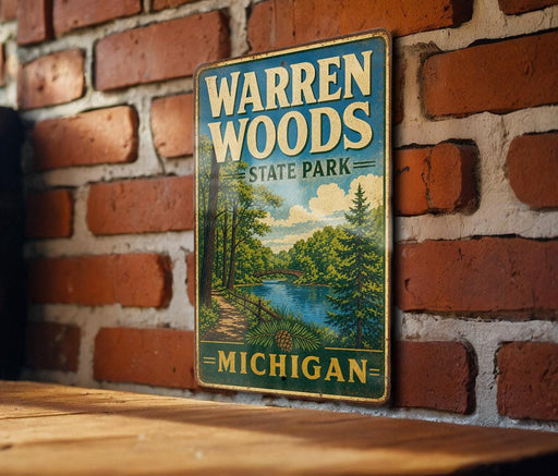 A vintage-style metal sign for Warren Woods State Park in Michigan, featuring a scenic illustration of the park's landscape.