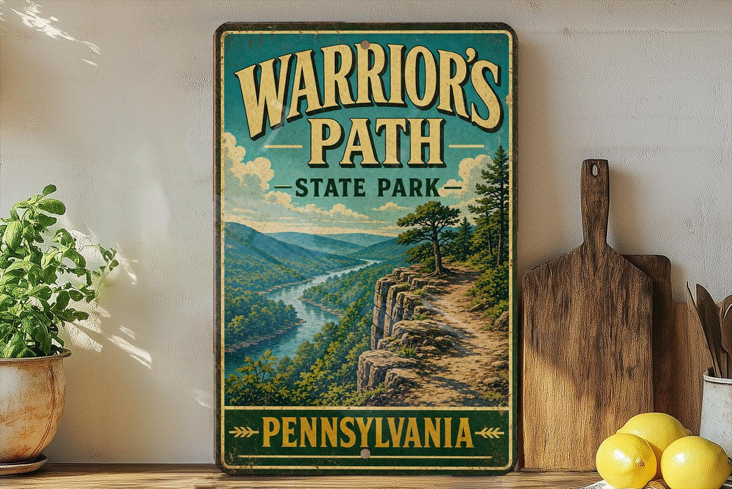 A vintage-style sign for Warrior's Path State Park in Pennsylvania, featuring a scenic mountain landscape with a winding trail.