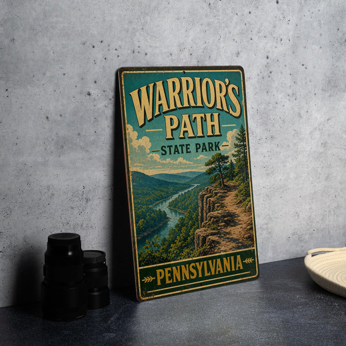 A vintage-style metal sign for Warrior's Path State Park in Pennsylvania, featuring a scenic mountain landscape with a winding river.