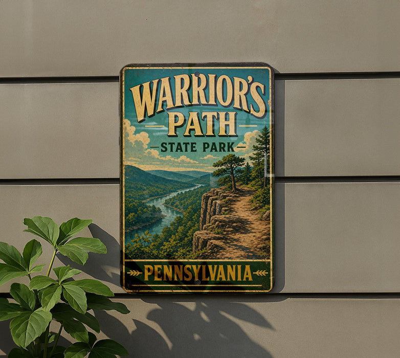 A vintage-style metal sign for Warrior's Path State Park in Pennsylvania, featuring a scenic mountain landscape with a winding trail.