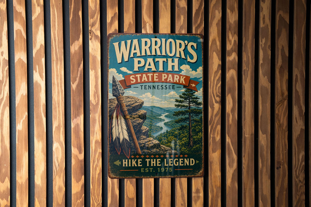 A vintage metal sign for Warrior's Path State Park in Tennessee, featuring a scenic illustration of a mountain landscape with a river and a Native American feather headdress.