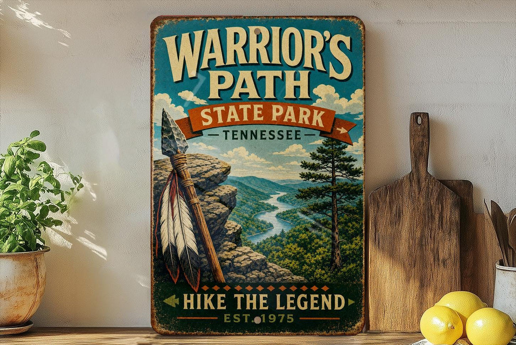 A vintage-style sign for Warrior's Path State Park in Tennessee, featuring a scenic mountain landscape with a river and a Native American arrow.