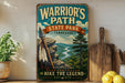 A vintage-style sign for Warrior's Path State Park in Tennessee, featuring a scenic mountain landscape with a river and a Native American arrow.
