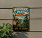 A vintage-style metal sign for Warrior's Path State Park in Tennessee, featuring a scenic mountain landscape with a river and a Native American headdress.