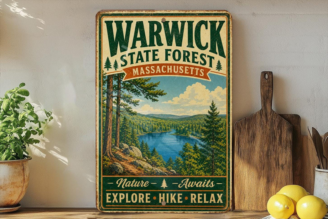 A vintage-style metal sign for Warwick State Forest in Massachusetts, featuring a scenic landscape with pine trees, a lake, and mountains.