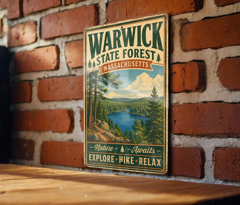 A vintage metal sign for Warwick State Forest in Massachusetts, featuring a scenic landscape with pine trees, a lake, and mountains.