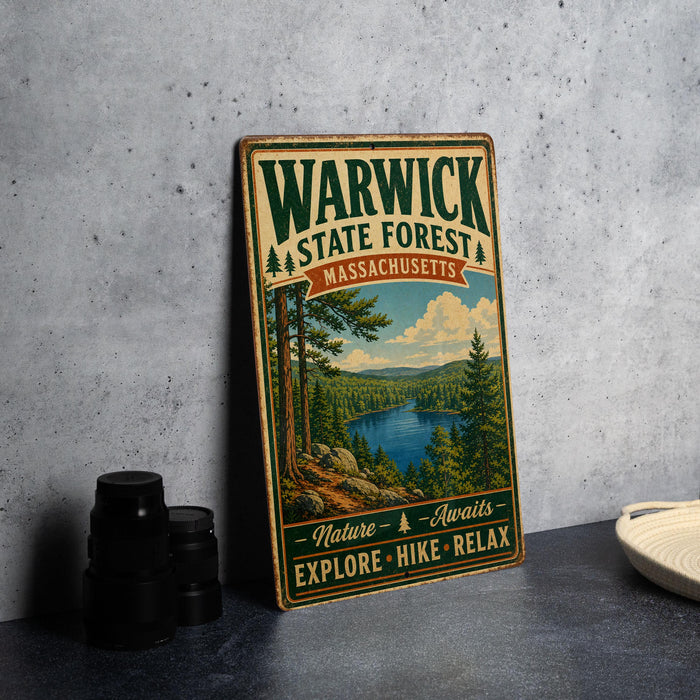 A vintage metal sign advertising Warwick State Forest in Massachusetts, featuring a scenic landscape with pine trees, a lake, and mountains.