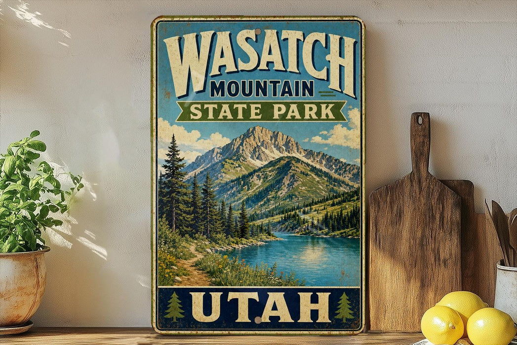 A vintage-style poster of Wasatch Mountain State Park in Utah, featuring a scenic mountain landscape with a lake and pine trees.
