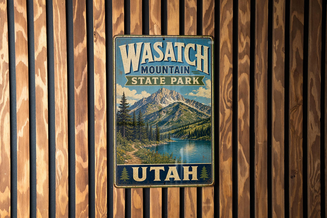 A vintage metal sign for Wasatch Mountain State Park in Utah, featuring a scenic mountain landscape with a lake and pine trees.