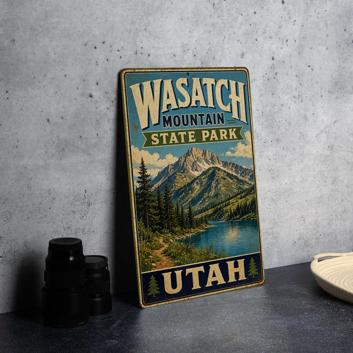 A vintage-style metal sign for Wasatch Mountain State Park in Utah, featuring a scenic mountain landscape with a lake and pine trees.