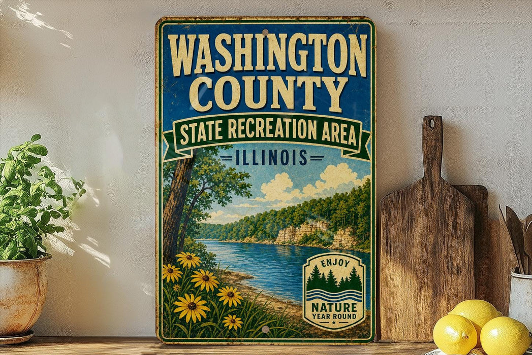 A vintage-style sign for Washington County, Illinois, featuring a scenic landscape with a river, trees, and flowers.