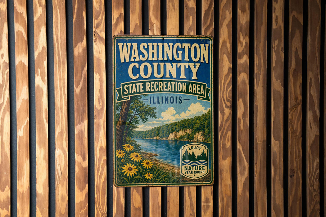 A vintage-style metal sign for Washington County, Illinois, featuring a scenic landscape with a river, trees, and flowers.
