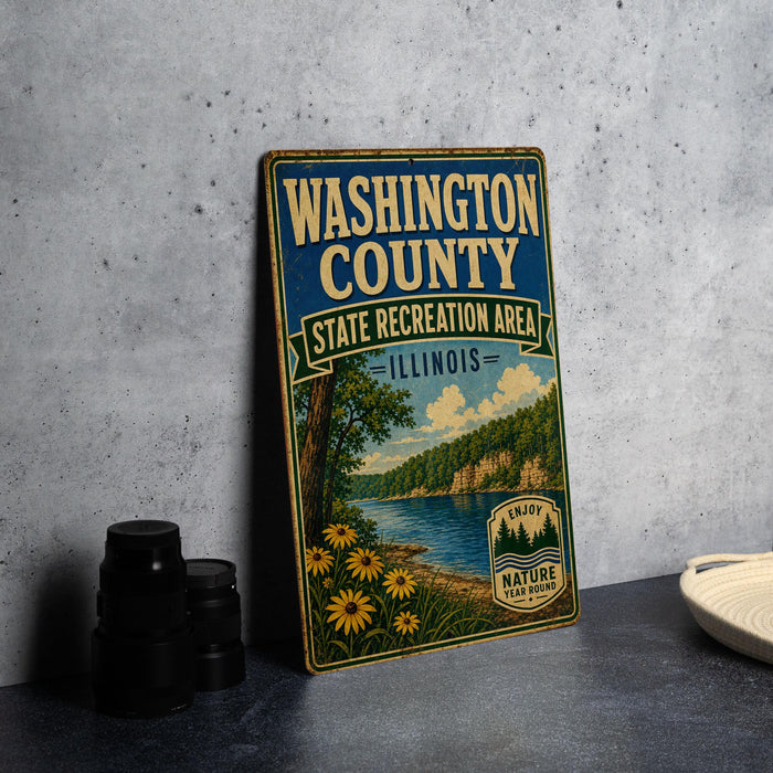 A vintage-style metal sign for Washington County, Illinois, featuring a scenic landscape with a lake, trees, and flowers.