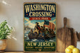 A vintage-style metal sign for Washington Crossing State Park in New Jersey, featuring a group of people in a boat on the water.