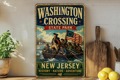 A vintage-style metal sign for Washington Crossing State Park in New Jersey, featuring a group of people in a boat on the water.