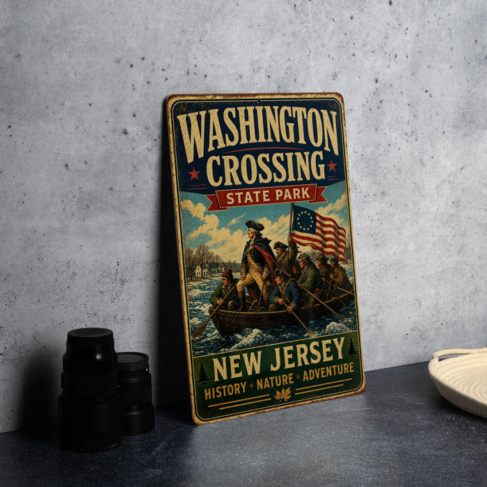 A vintage-style metal sign for Washington Crossing State Park, featuring an illustration of a group of people in a boat with an American flag, against a backdrop of a river and a cloudy sky.