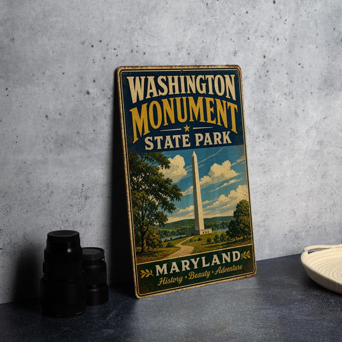 A vintage-style metal sign for Washington Monument State Park in Maryland, featuring an illustration of the monument and the surrounding landscape.