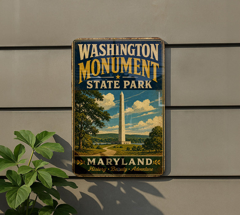 A vintage-style metal sign for Washington Monument State Park in Maryland, featuring an illustration of the monument surrounded by trees and a road.