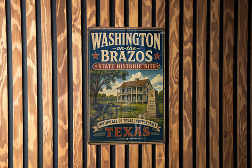 A vintage-style metal sign for Washington on the Brazos State Historic Site, featuring a house and a wagon wheel, is displayed on a wooden wall.
