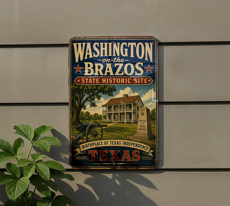 A vintage-style metal sign on a wall, featuring a large house and a cannon, with the text "WASHINGTON on the BRAZOS" and "State Historic Site" prominently displayed.
