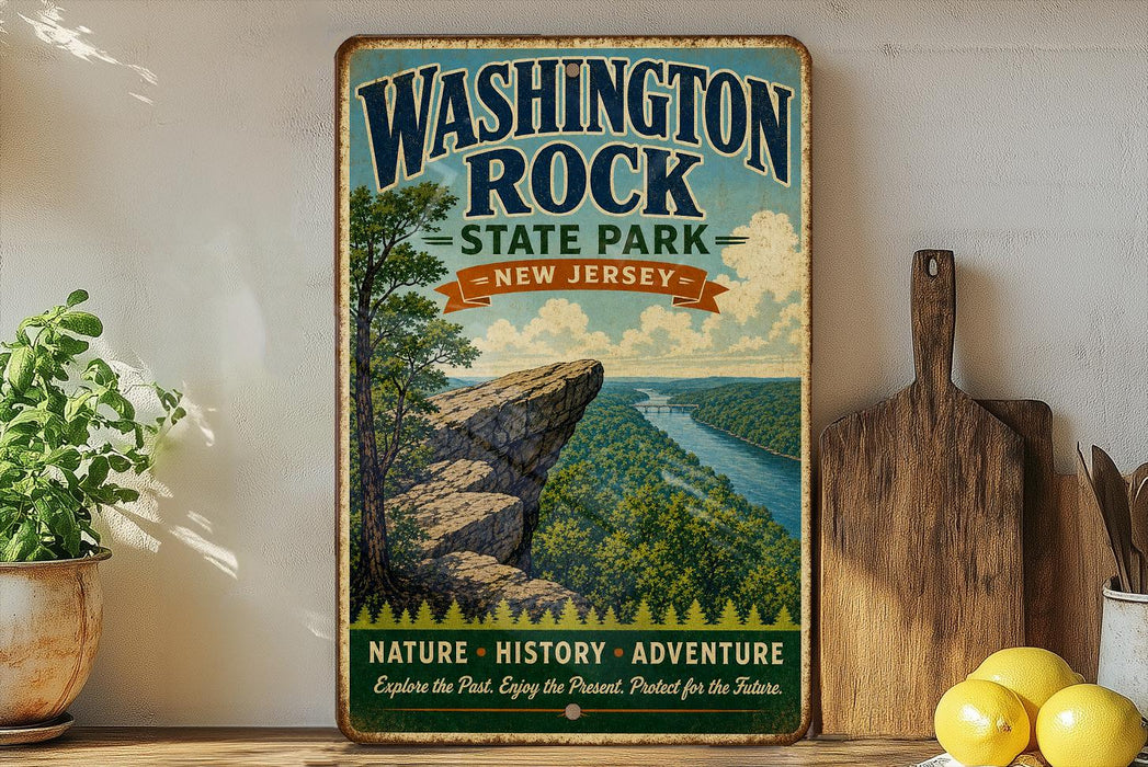 A vintage-style metal sign for Washington Rock State Park in New Jersey, featuring a scenic image of the park and a message about nature, history, and adventure.